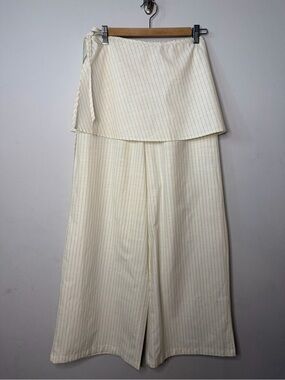 Cream Pinstripe Linen Wide-Leg Removable Wrap Pants